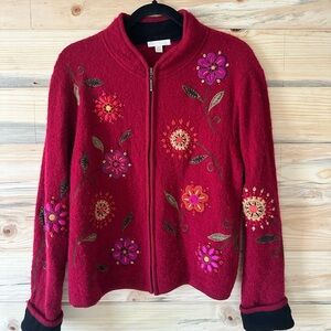 Vintage Carson Red 100% Wool Jacket with Floral Embroidery